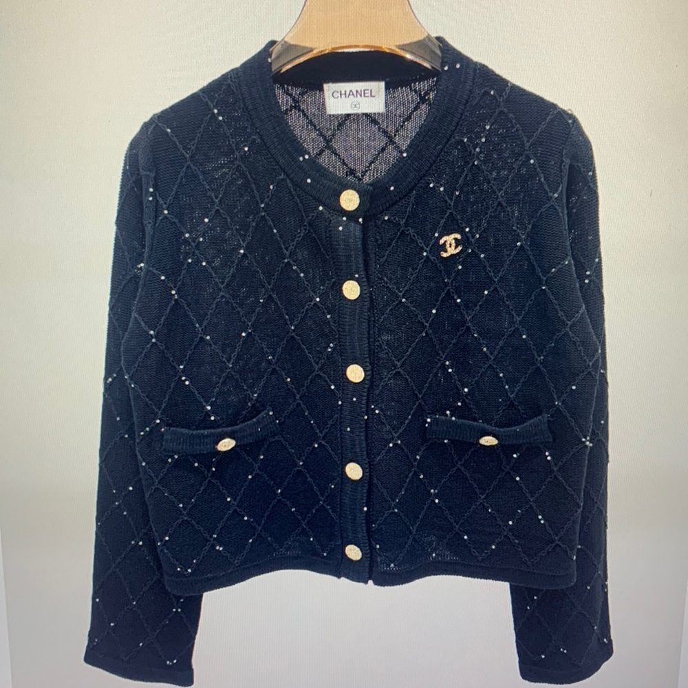 Chanel Women's Round Neck Simple Black Metal Button Knit Cardigan